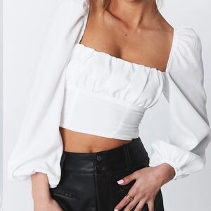 Princess Polly Elegant White Puff Sleeve Crop Top, Size 12